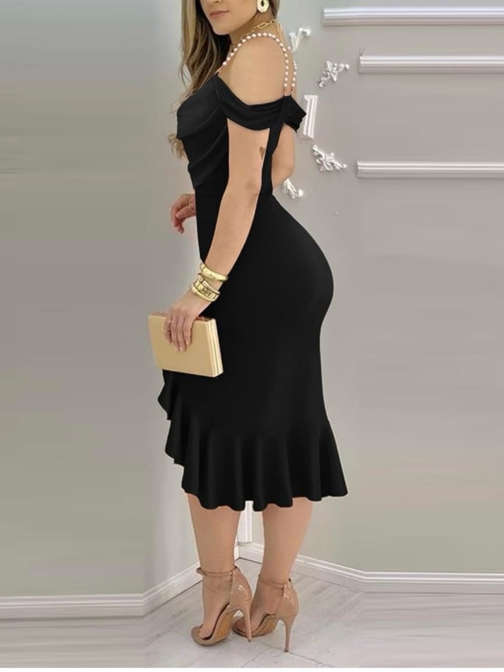 Elegant Black Off-Shoulder Ruffle Hem Dress - Picture 2 of 5